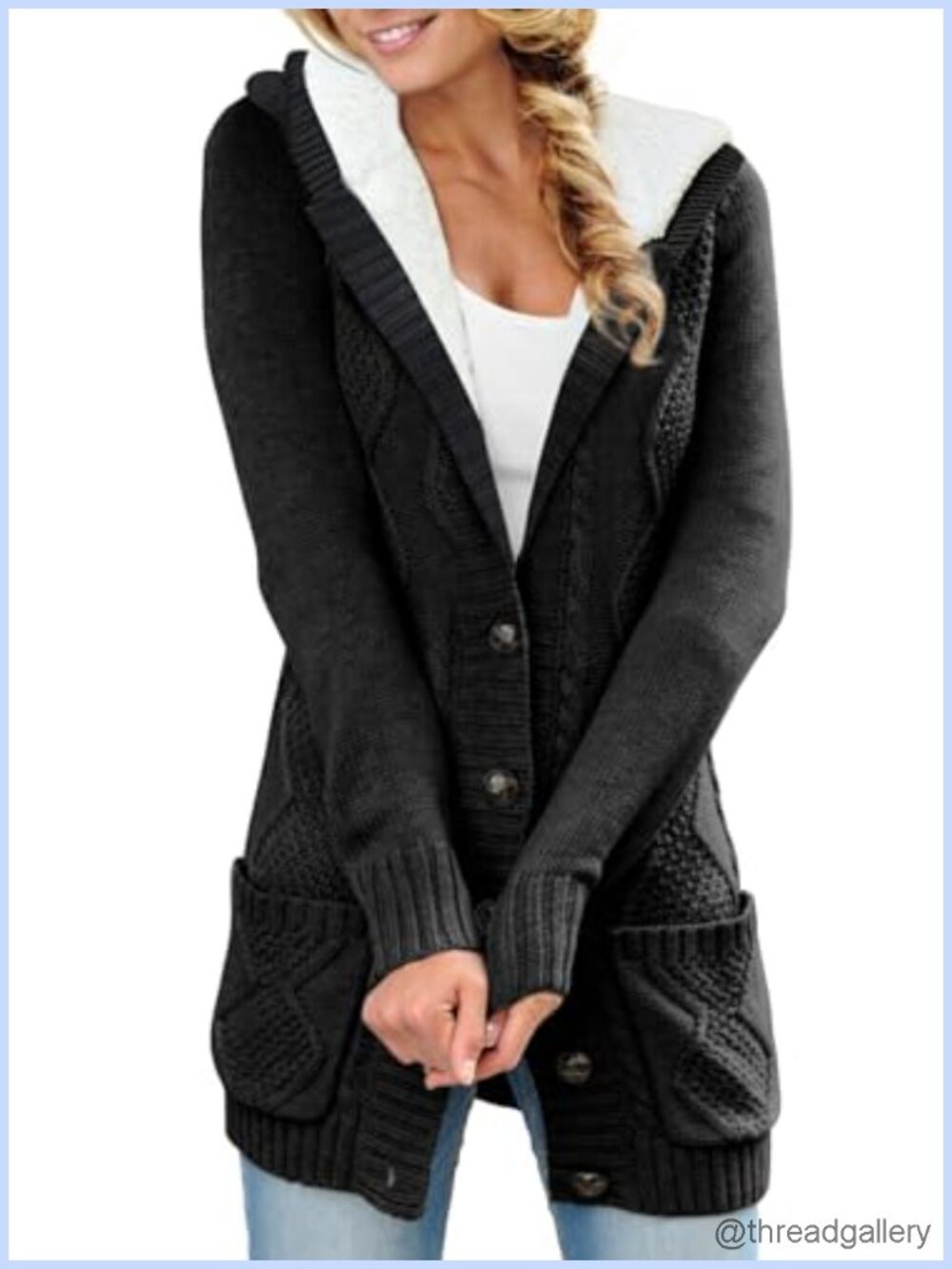 Cable Knit Fleece Lined Hood Cardigan Sweater Button Front